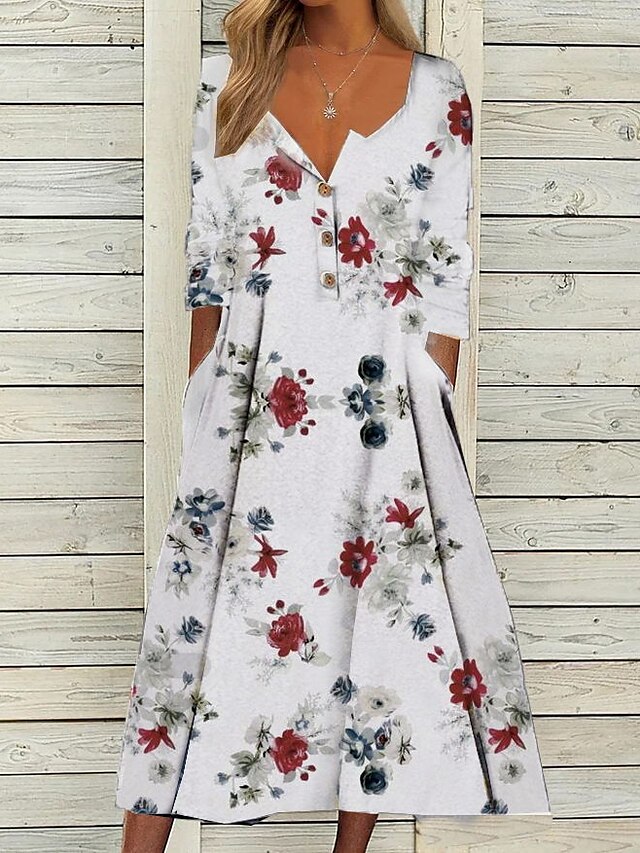 Womens Clothing Womens Dresses | Womens A Line Dress Midi Dress White Half Sleeve Floral Print Print Spring Summer V Neck Casual