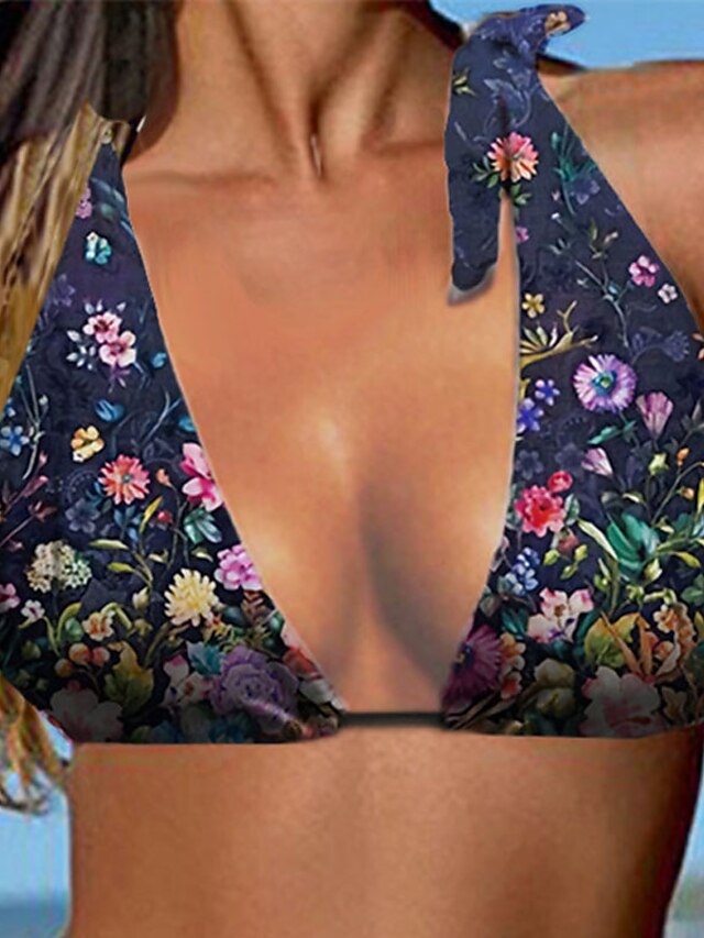 Womens Clothing Womens Swimwear | Womens Swimwear Bikini 2 Piece Normal Swimsuit Halter Open Back Printing Floral Navy Blue Halt