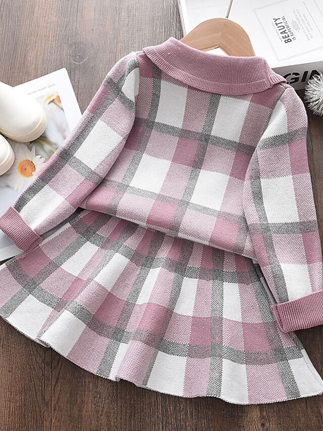 Baby & Kids Girls Clothing | Kids Girls T-shirt & Skirt Clothing Set 2 Pieces Long Sleeve Pink Yellow Plaid Patchwork Vacation A