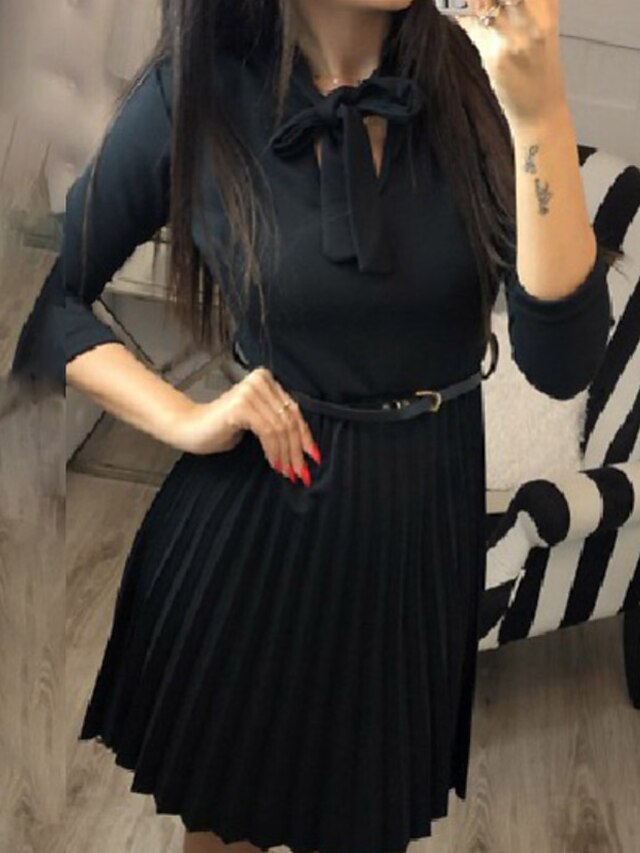 Womens Clothing Womens Dresses | Womens A Line Dress Knee Length Dress Black 3/4 Length Sleeve Pure Color Ruched Lace up Spring 