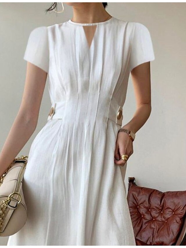 Womens Clothing Womens Dresses | Womens A Line Dress Midi Dress White Short Sleeve Solid Color Ruched Spring Summer Crew Neck Fa