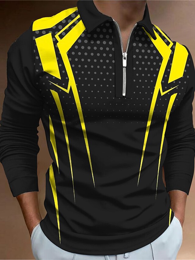  Men's Collar Polo Shirt Golf Shirt Geometry Turndown Yellow 3D Print Outdoor Street Long Sleeve Zipper Print Clothing Apparel Fashion Designer Casual Breathable