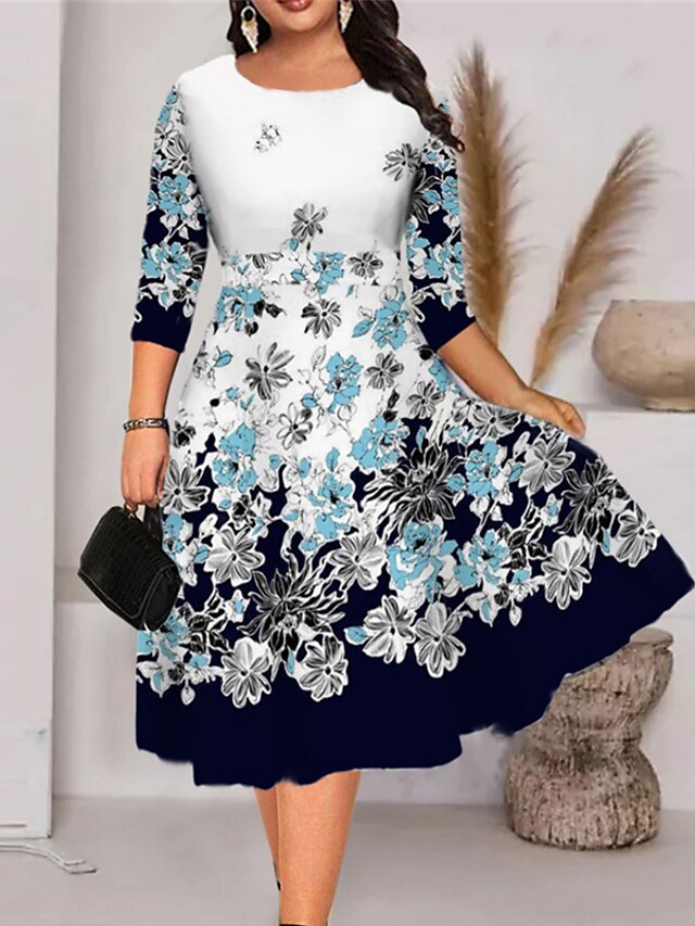 Womens Clothing Plus Size Collection | Womens Plus Size A Line Dress Floral Round Neck 3/4 Length Sleeve Spring Summer Work Midi