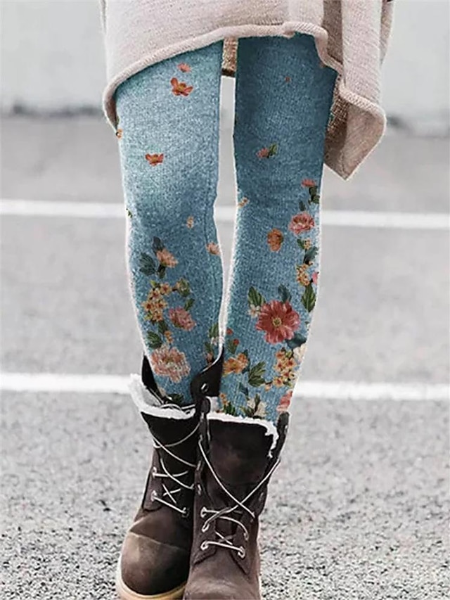  kvinners mote tights leggings print full lengde bukser daglig stretchy blomst / floral magekontroll rumpeløft skinny rød 3xl