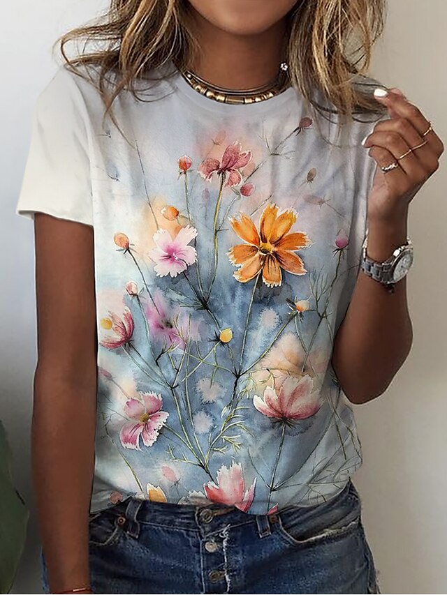 Womens Clothing Womens Tops | Womens Casual Holiday Weekend Floral Painting T shirt Tee Floral Short Sleeve Print Round Neck Bas