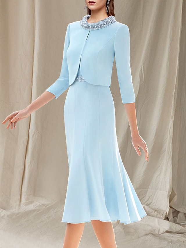  Two Piece Mermaid / Trumpet Mother of the Bride Dress Wedding Guest Church Elegant Jewel Neck Knee Length Stretch Chiffon Sleeveless Short Jacket Dresses with Beading 2024