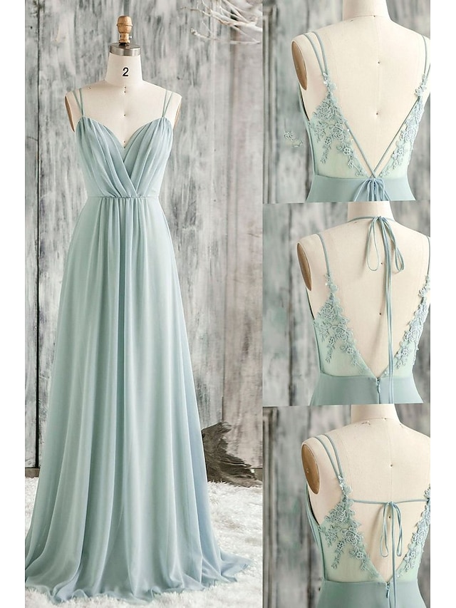  A-Line Bridesmaid Dress V Neck / Spaghetti Strap Sleeveless Sexy Floor Length Chiffon / Lace with Appliques 2023