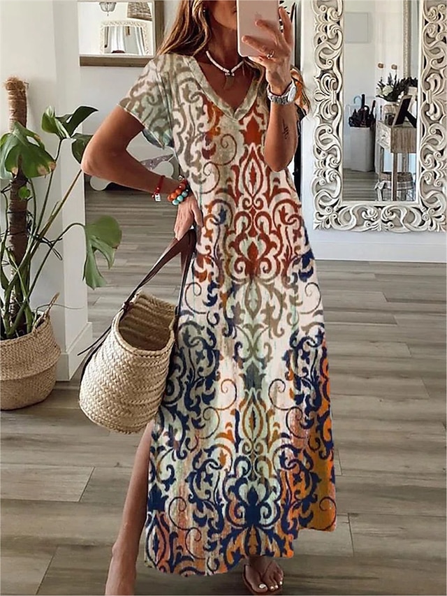  Women's Casual Dress Shift Dress Floral Split Print V Neck Maxi long Dress Daily Short Sleeve Summer Spring