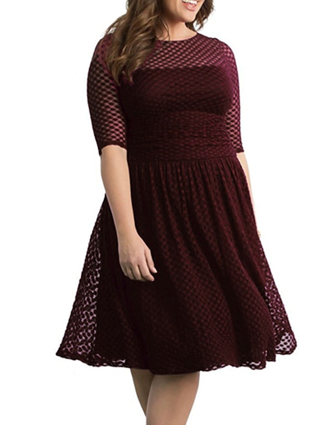 Womens Clothing Womens Dresses | Womens A Line Dress Knee Length Dress Purple Wine Half Sleeve Pure Color Lace Spring Summer Cre