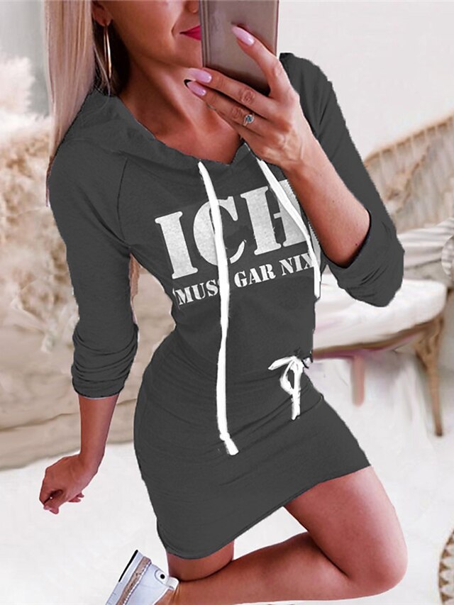 Womens Clothing Womens Dresses | Womens Bodycon Short Mini Dress Dark Gray Long Sleeve Letter Print Fall Spring Hooded Fashion 2