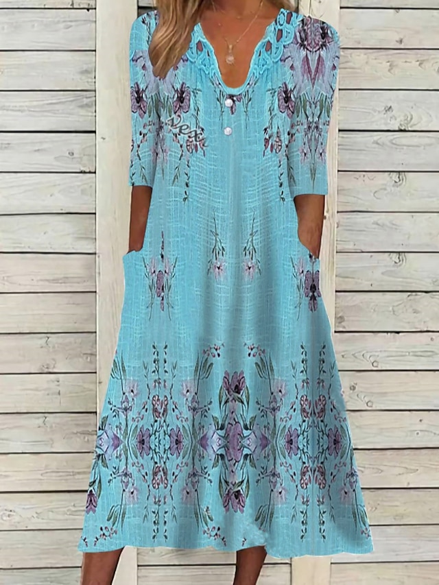  Women's Casual Dress Ethnic Dress Swing Dress Midi Dress Blue Half Sleeve Floral Ruched Fall Spring Summer V Neck Basic Daily Vacation Loose Fit 2023 S M L XL XXL 3XL