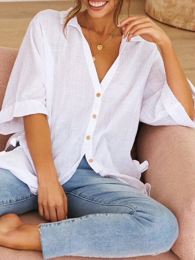 Womens Clothing Womens Tops | Womens Daily Weekend Blouse Shirt Plain Long Sleeve Button Shirt Collar Casual Streetwear Tops Gre