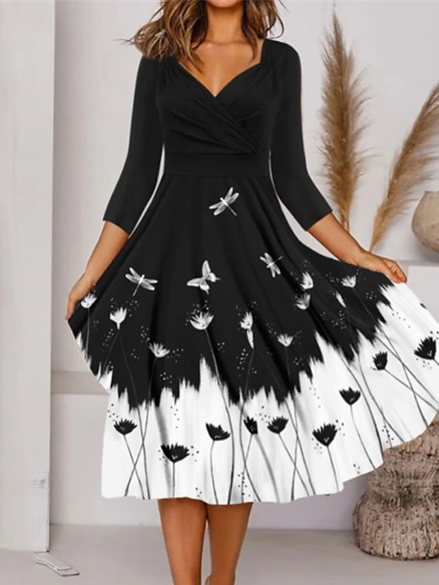 Womens Clothing Womens Dresses | Womens A Line Dress Knee Length Dress Black 3/4 Length Sleeve Floral Butterfly Animal Print Spr