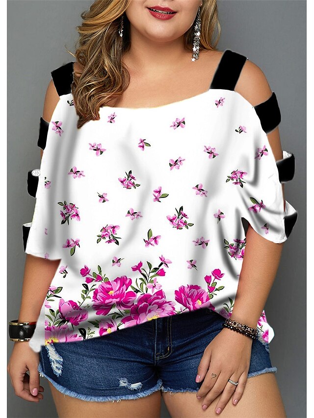 Womens Clothing Plus Size Collection | Womens Plus Size Tops Blouse Shirt Floral Cut Out Print Half Sleeve V Neck Streetwear Dai