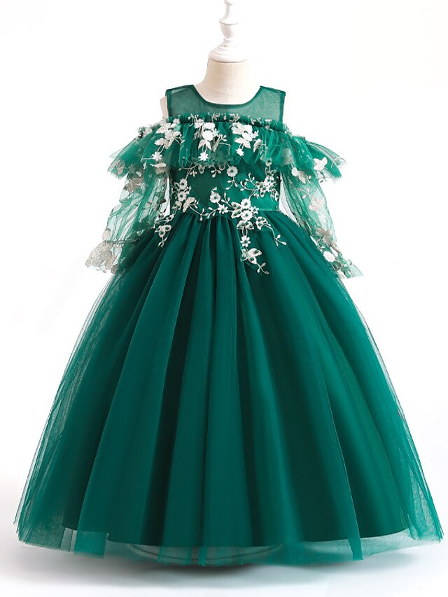Baby & Kids Girls Clothing | Kids Little Girls Dress Floral A Line Dress Party Performance Mesh Print Green Asymmetrical Long Sl