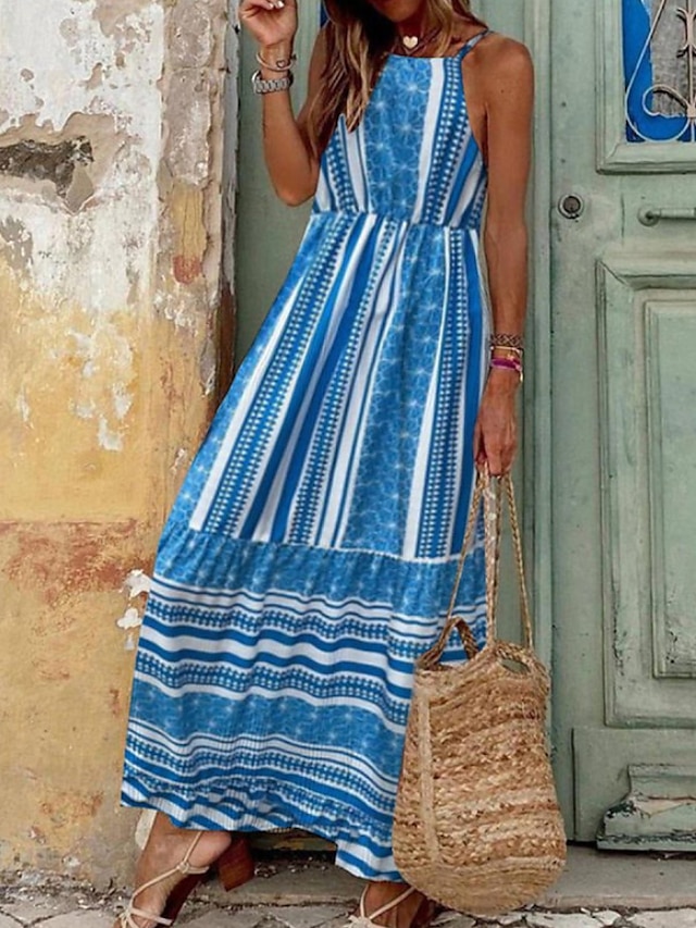 Womens Clothing Womens Dresses | Womens A Line Dress Maxi long Dress Blue Sleeveless Striped Ruched Print Spring Summer Spaghett