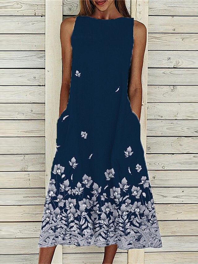 Womens Clothing Womens Dresses | Womens A Line Dress Midi Dress Green Wine Navy Blue Sleeveless Floral Pocket Print Spring Summe