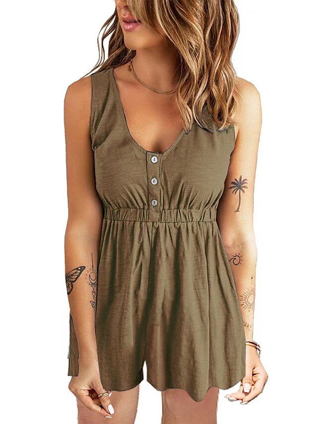 Womens Clothing Womens Jumpsuits & Rompers | Womens Romper Button Solid Color V Neck Casual Holiday Weekend Regular Fit Sleevele