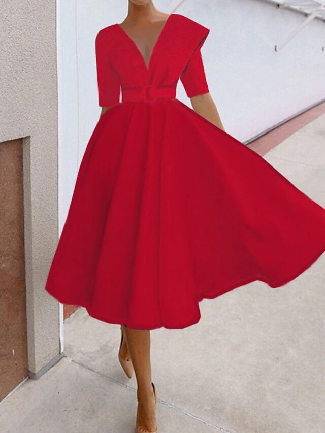 Womens Clothing Womens Dresses | Womens A Line Dress Midi Dress Red Short Sleeve Solid Color Ruched Spring Summer V Neck Elegant