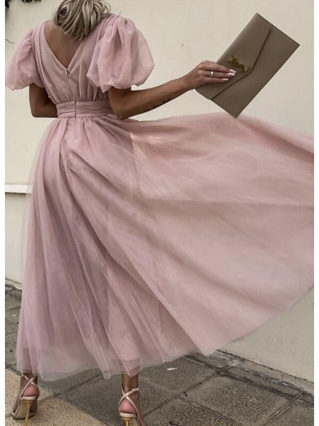 Womens Clothing Womens Dresses | Womens A Line Dress Maxi long Dress Pink Short Sleeve Solid Color Ruched Spring Summer V Neck E