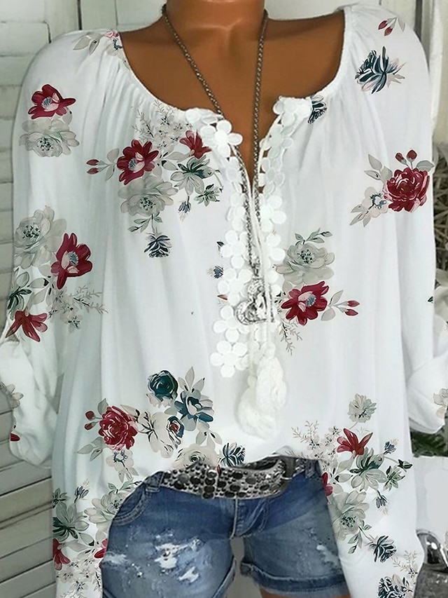 Womens Clothing Plus Size Collection | Womens Plus Size Tops Blouse Floral Embroidered Print Long Sleeve U Neck Hawaiian Daily V