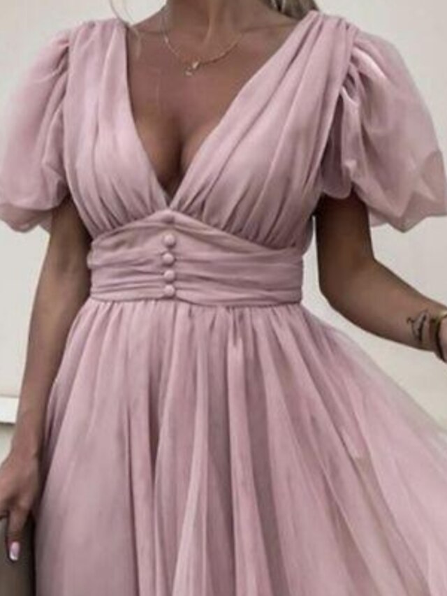 Womens Clothing Womens Dresses | Womens A Line Dress Maxi long Dress Pink Short Sleeve Solid Color Ruched Spring Summer V Neck E