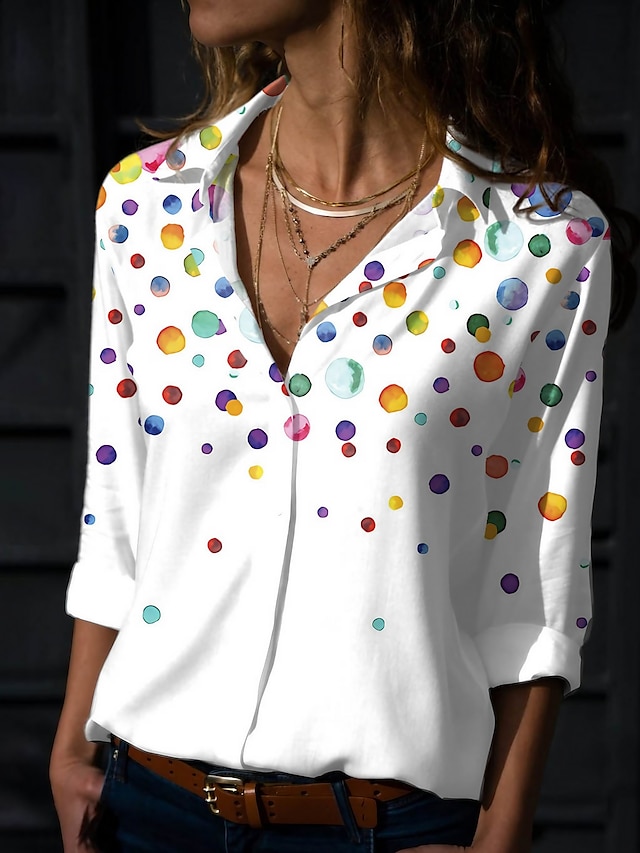  Damen Hemd Bluse Punkt Taste Bedruckt Täglich Wochenende Strassenmode Brautkleider schlicht Langarm Hemdkragen Weiß Frühling Herbst