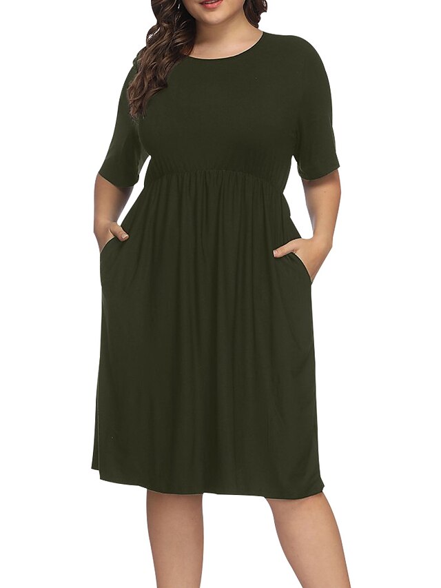 Womens Clothing Womens Dresses | Womens A Line Dress Knee Length Dress Black Purple Wine Army Green Short Sleeve Pure Color Patc