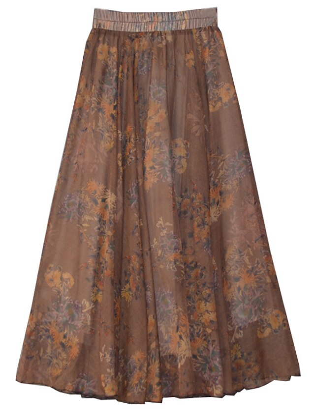 Womens Clothing Womens Bottoms | Womens Fashion Swing Skirts Performance Holiday Chiffon Floral Layered Gray Brown One-Size / Ma