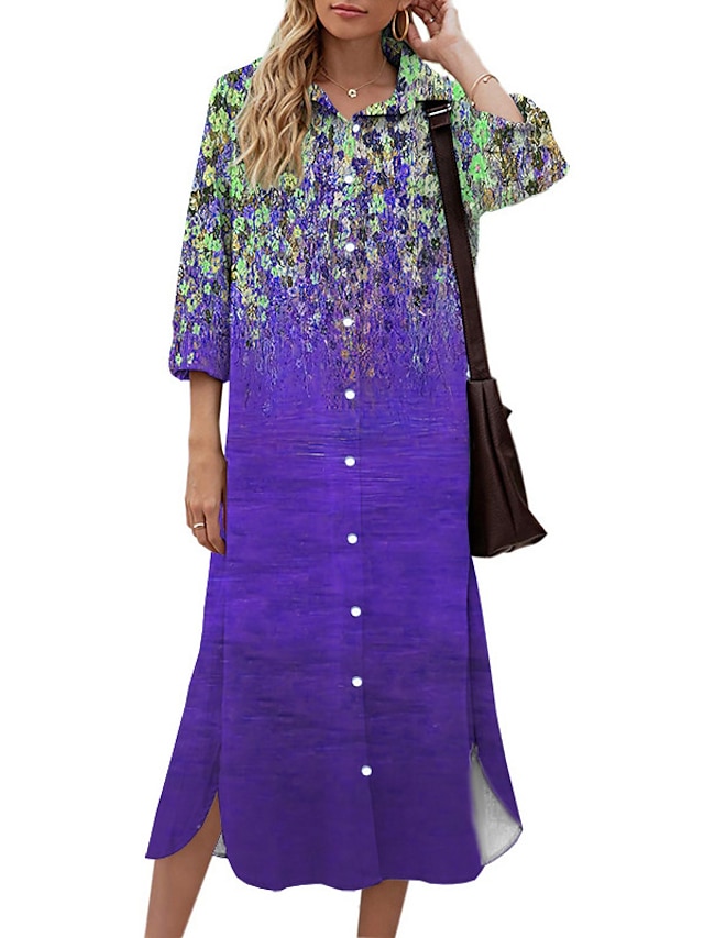 Womens Clothing Womens Dresses | Womens Shift Dress Midi Dress Green Blue Purple Light Blue 3/4 Length Sleeve Color Gradient But