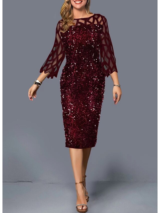 Womens Clothing Womens Dresses | Womens Sheath Dress Knee Length Dress Wine 3/4 Length Sleeve Solid Color Sequins Ruched Spring 