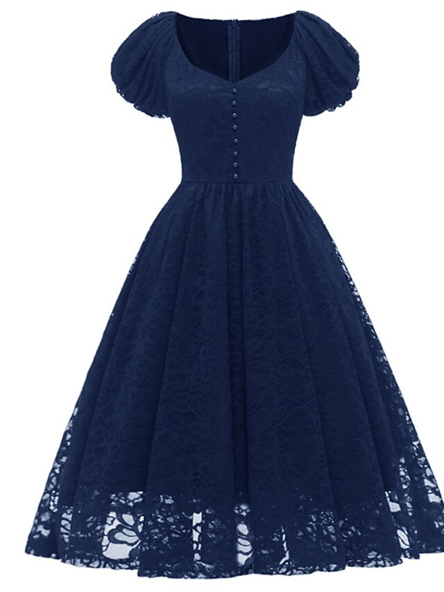 Womens Clothing Womens Dresses | Womens Swing Dress Knee Length Dress Wine Dark Blue Short Sleeve Solid Color Lace Button Spring