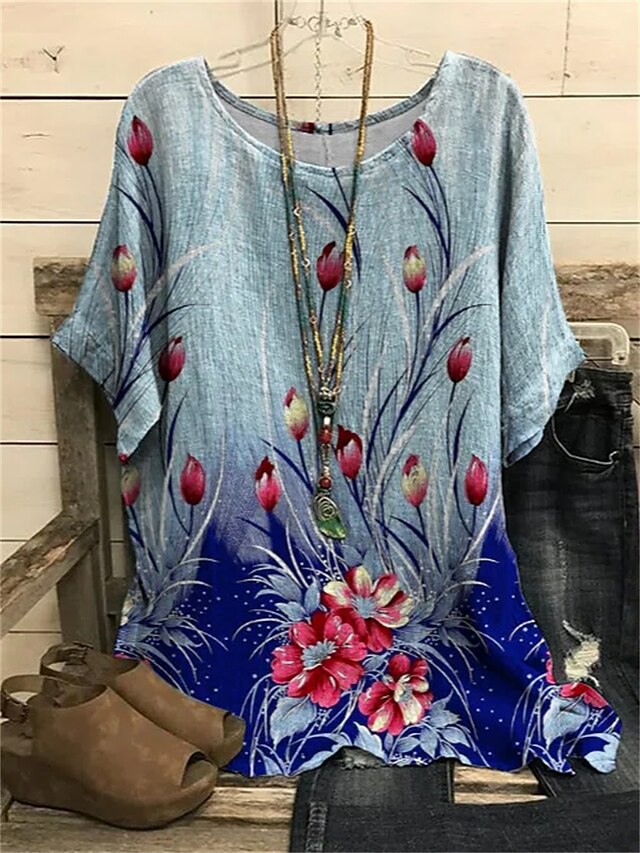 Womens Clothing Womens Tops | Womens Casual Daily Holiday Floral T shirt Tee Floral Short Sleeve Print Round Neck Basic Tops Blu