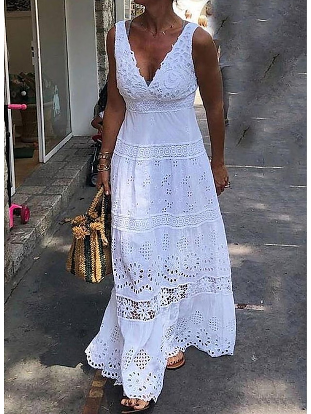  Women's A Line Dress Maxi long Dress White Sleeveless Pure Color Ruched Lace Spring Summer V Neck Stylish Casual Vacation 2022 S M L XL XXL 3XL 4XL 5XL