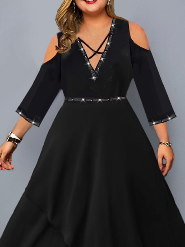 Womens Clothing Plus Size Collection | Womens Plus Size A Line Dress Solid Color V Neck 3/4 Length Sleeve Spring Summer Prom Dre