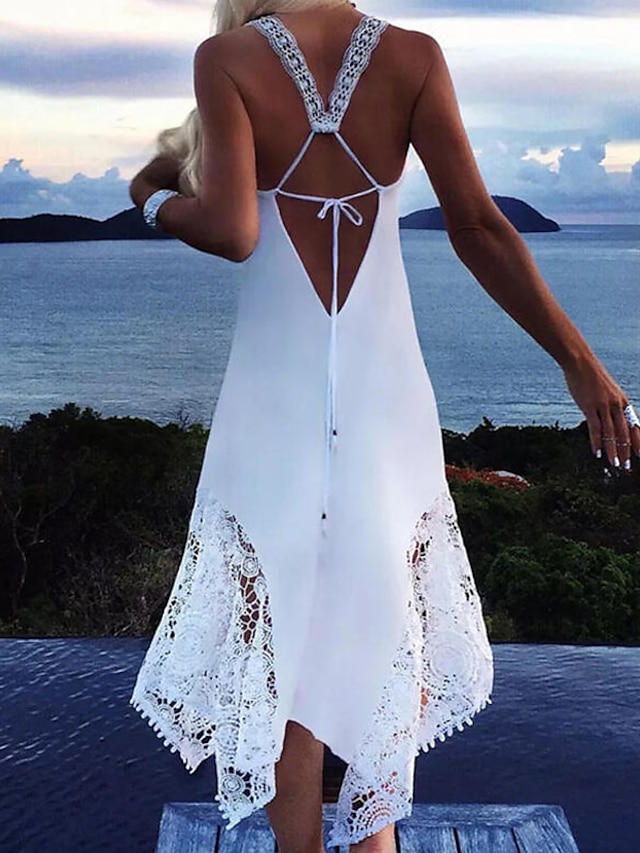  Women's Party Dress Midi Dress White Sleeveless Pure Color Backless Lace Cold Shoulder Spring Summer Halter Neck Fashion Sexy Modern 2022 S M L XL XXL 3XL