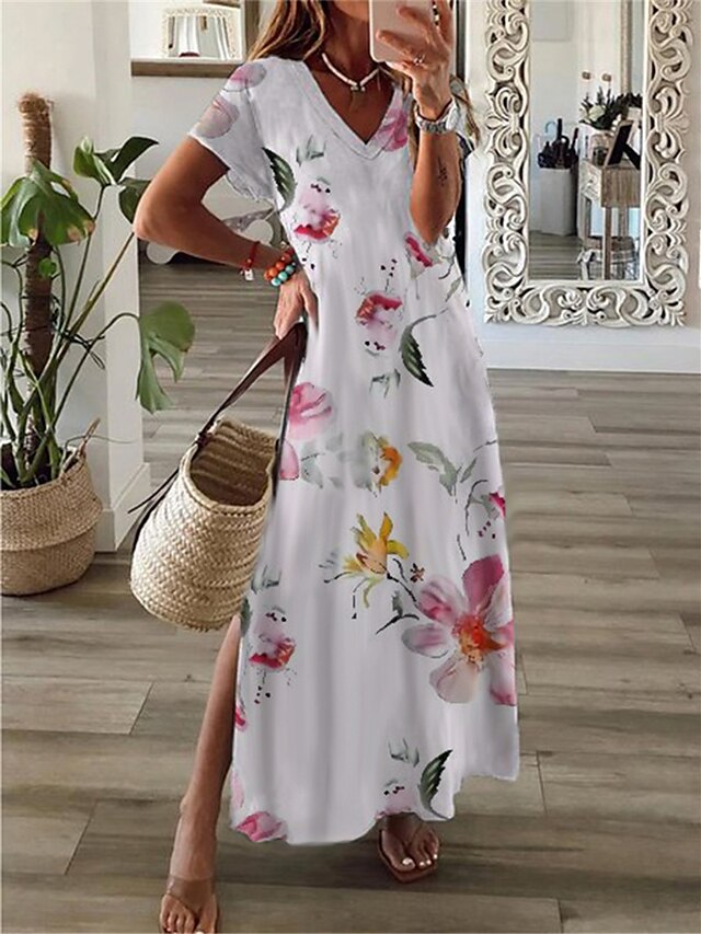 Womens Clothing Womens Dresses | Womens Shift Dress Maxi long Dress White Short Sleeve Floral Split Print Spring Summer V Neck C