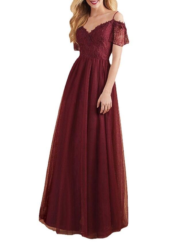 Womens Clothing Womens Dresses | Womens Party Dress Maxi long Dress Wine Short Sleeve Pure Color Lace Cold Shoulder Spring Summe