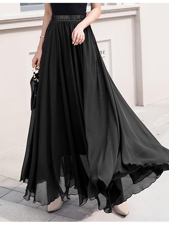 Womens Clothing Womens Bottoms | Womens Elegant Long Skirts Daily Date Solid Colored Chiffon Green Black Blue S M L - LU31077