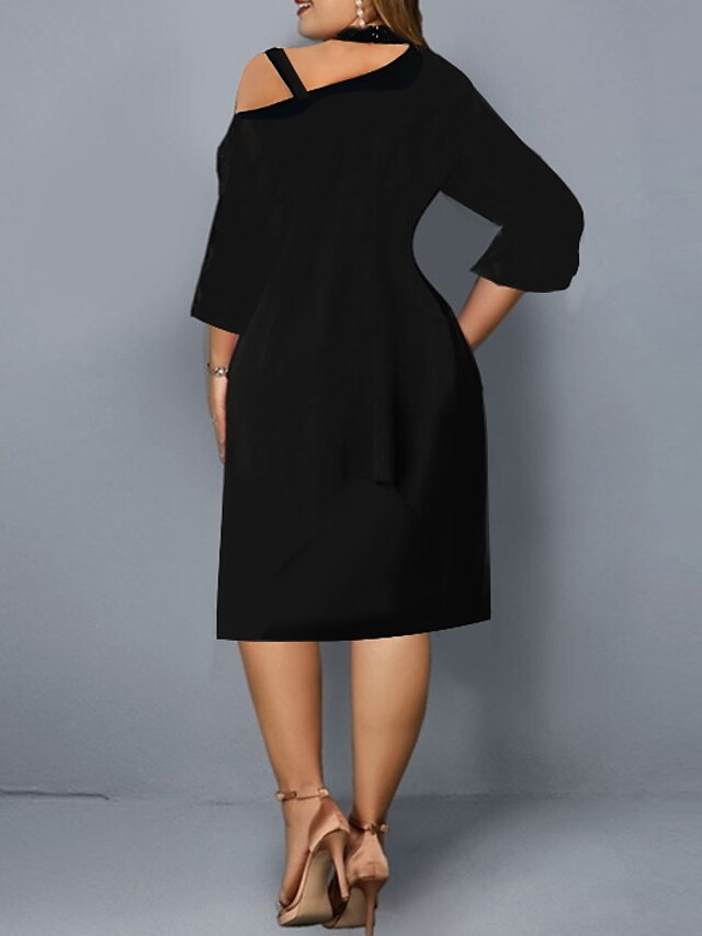 Womens Clothing Plus Size Collection | Womens Plus Size A Line Dress Solid Color One Shoulder Long Sleeve Spring Summer Work Mid