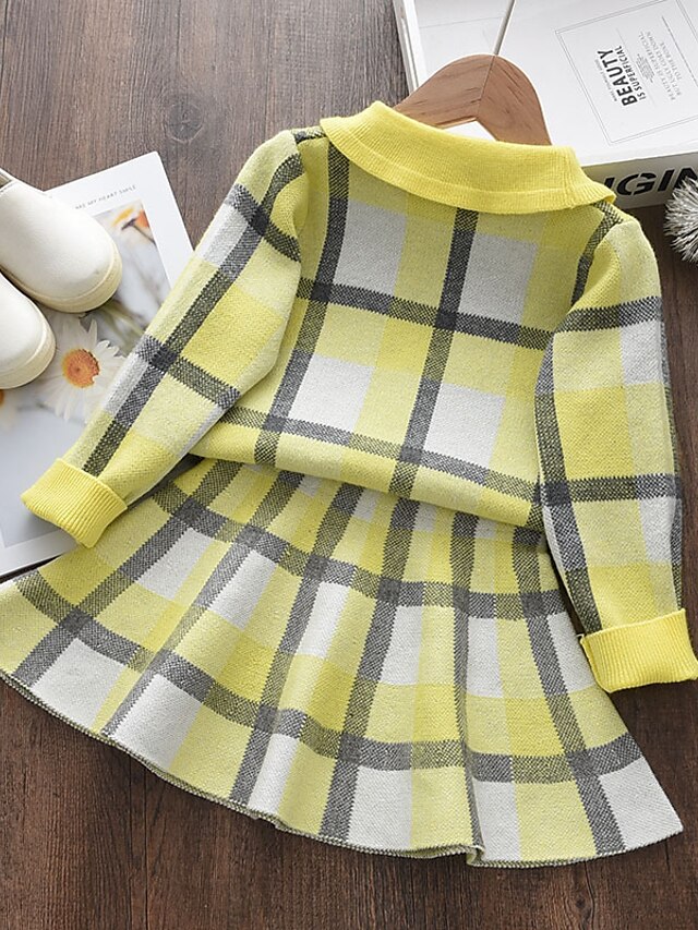 Baby & Kids Girls Clothing | Kids Girls T-shirt & Skirt Clothing Set 2 Pieces Long Sleeve Pink Yellow Plaid Patchwork Vacation A