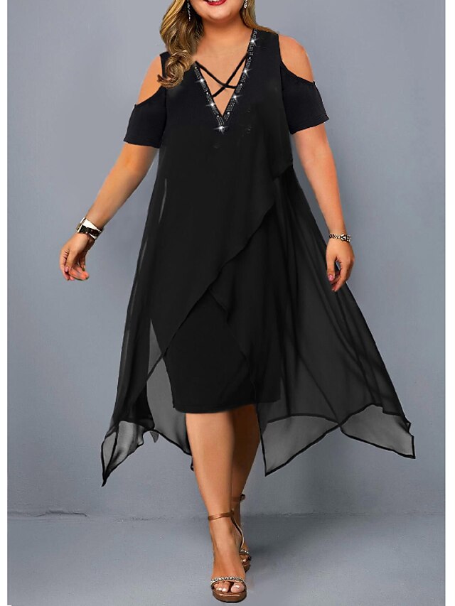 Womens Clothing Plus Size Collection | Womens Plus Size A Line Dress Solid Color V Neck Ruched Short Sleeve Spring Summer Basic 