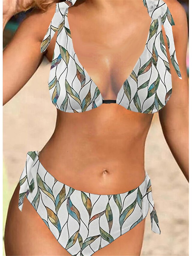 Womens Clothing Womens Swimwear | Womens Swimwear Bikini 2 Piece Normal Swimsuit Halter Open Back Printing Leaves Green Halter V