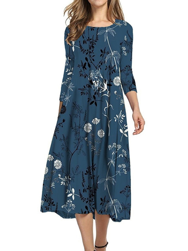  Damen Casual kleid Ethnisches Kleid Etuikleid Midikleid Wein Armeegrün Marineblau 3/4 Ärmel Blumen Rüschen Herbst Winter Rundhalsausschnitt Urlaub 2023 S M L XL XXL 3XL 4XL 5XL