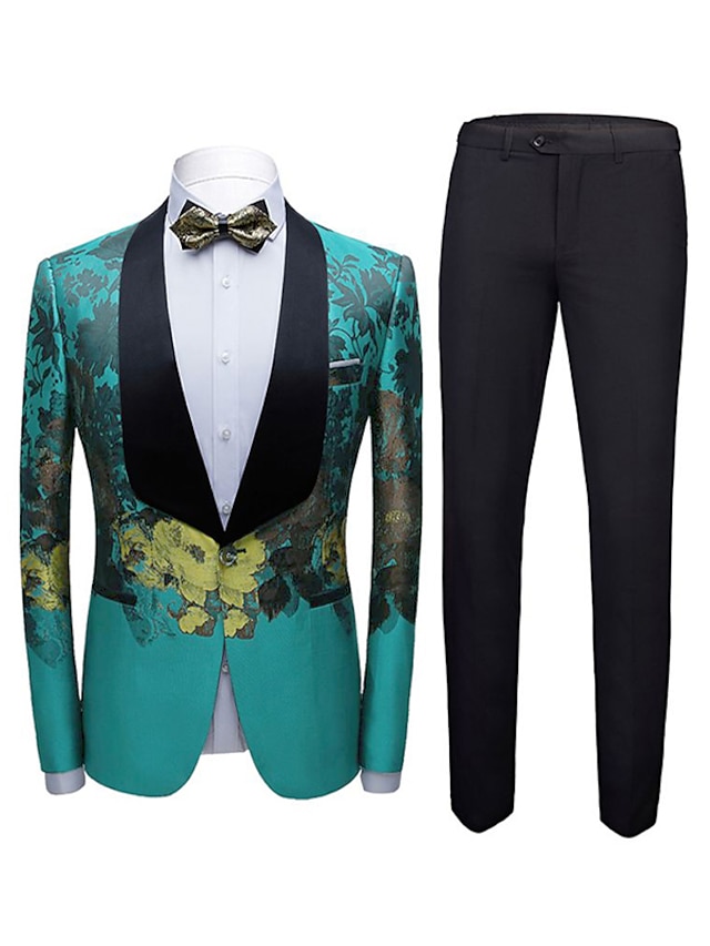 Green Men's Party Prom Tuxedos 2 Piece Printing Shawl Collar Tailored ...