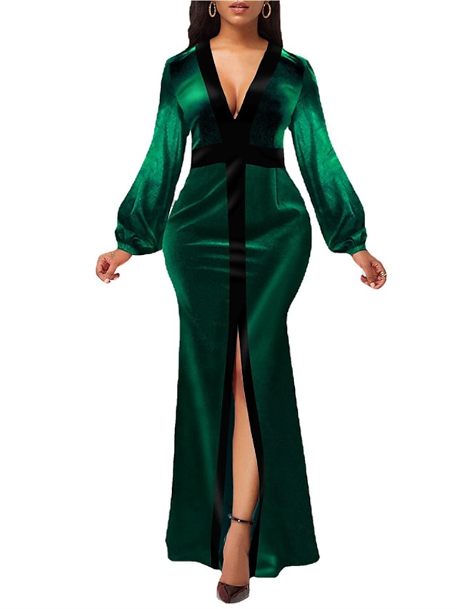 Womens Clothing Womens Dresses | Womens Sheath Dress Maxi long Dress Green Wine Long Sleeve Pure Color Split Fall Spring V Neck 