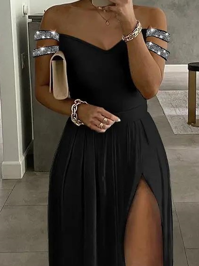 Womens Clothing Womens Dresses | Womens Sheath Dress Maxi long Dress Black Short Sleeve Solid Color Sequins Split Cold Shoulder 