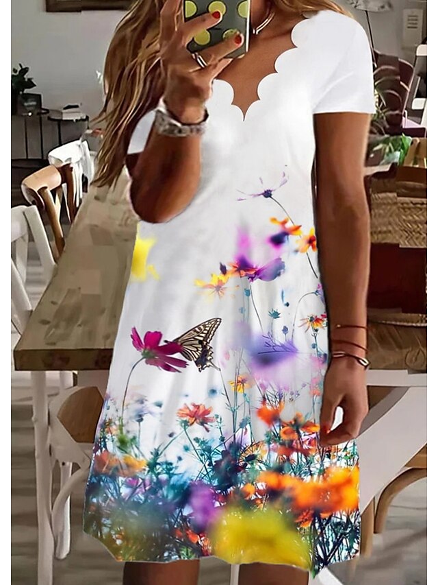 Womens Clothing Plus Size Collection | Womens Plus Size A Line Dress Floral V Neck Short Sleeve Spring Summer Casual Short Mini 