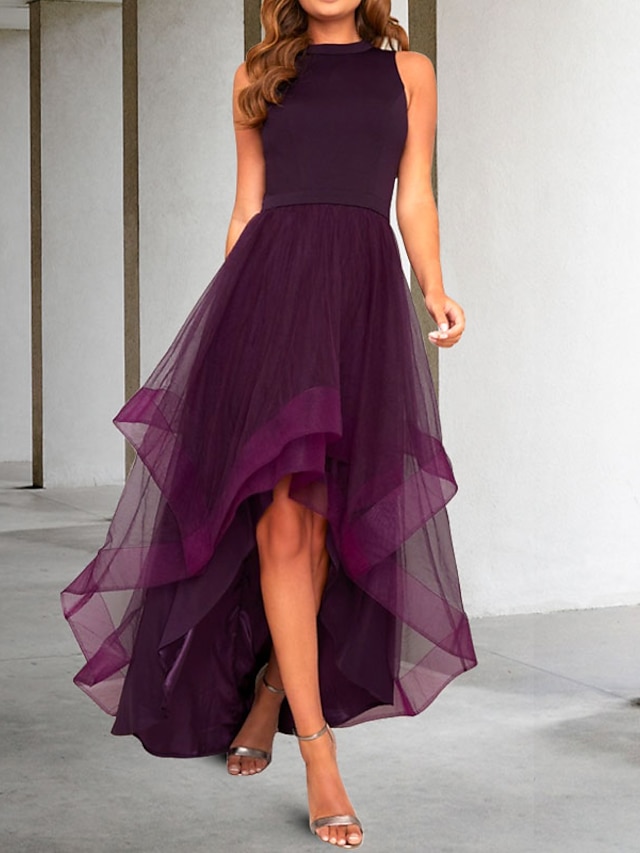 A-Line Elegant Prom Dress Jewel Neck Sleeveless Asymmetrical Tulle with Pleats 2022