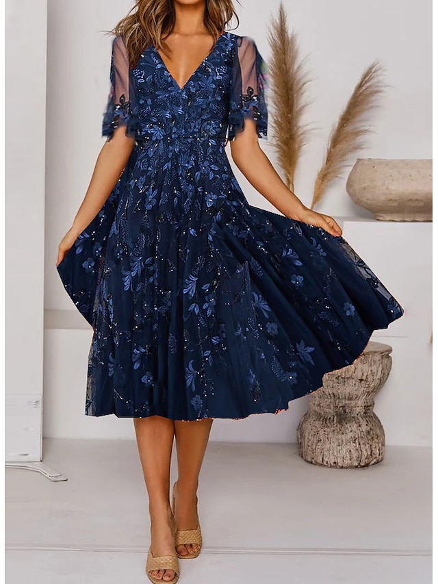  Women's Casual Dress Midi Dress Navy Blue Short Sleeve Floral Ruched Spring Summer V Neck Elegant Wedding Guest 2023 S M L XL 2XL 3XL
